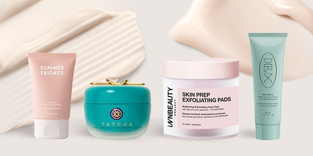 This image features four skincare products from summer-fridays, tatcha, inbeauty-project, and dieux. Products include a mask, memory cream, exfoliating pads, and a soothing moisturizer, all in pastel packaging.