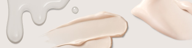 The image displays creamy and liquid swatches in white and light beige tones, representing skincare or makeup products such as moisturizers, serums, or primers, with a smooth, hydrating texture.