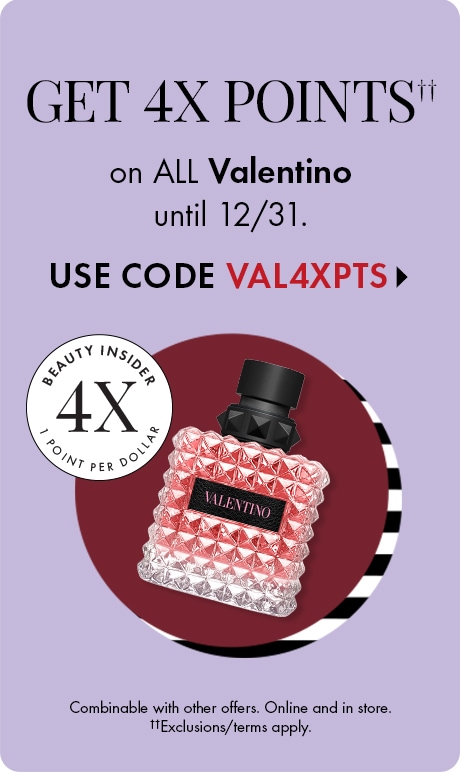 Text on a lavender background reads: “Get 4X Points on all Valentino until 12/31. Use code VAL4XPTS.” Includes a round badge showing “Beauty Insider 4X Points” and an image of a pink Valentino perfume bottle with a studded design.