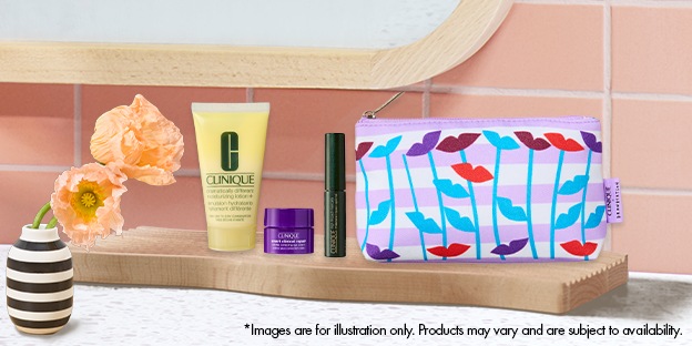 Clinique skincare and makeup items with a floral pouch on a wooden shelf beside a small vase of flowers.