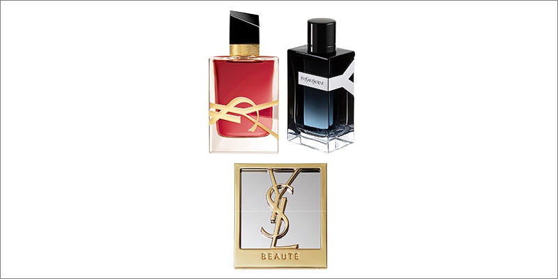 YSL compact mirror and 2 fragrance product images
