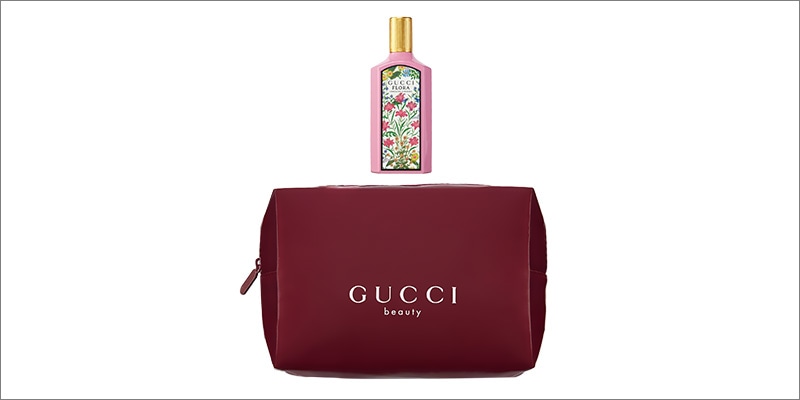 Gucci Flora Gorgeous Gardenia perfume featuring a fruity‑floral fragrance, shown with a branded pouch.