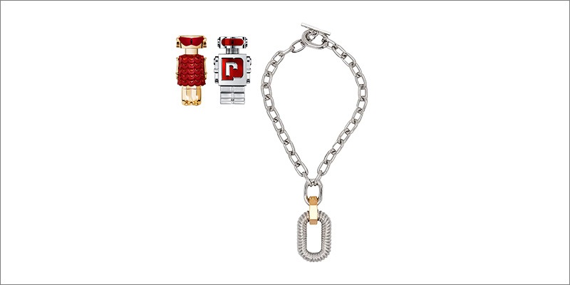 Rabanne fragrance set featuring two small decorative perfume bottles displayed beside a silver chain necklace with an oval pendant, arranged on a white background.
