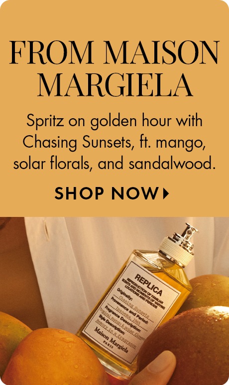 Golden background with text reading “From Maison Margiela.” Below: “Spritz on golden hour with Chasing Sunsets,” mentioning mango, solar florals, and sandalwood. A perfume bottle is shown among oranges with a “Shop Now” prompt.