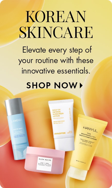Yellow and orange background with text: “KOREAN SKINCARE. Elevate every step of your routine with these innovative essentials. Shop Now.” Below are skincare products from Laneige, Innisfree, Glow Recipe, and Hanyul arranged side by side.