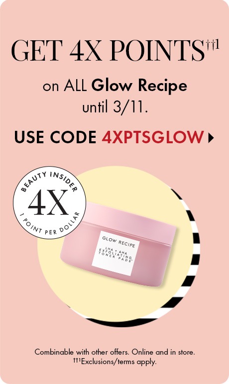 4× points on all Glow Recipe until March 11. The offer is valid online and in store, combinable with other offers; exclusions and terms apply. promo code ‘4XPTSGLOW’ . Glow Recipe Exfoliating Toner Pads product shown ‘Beauty Insider 4× points per dollar