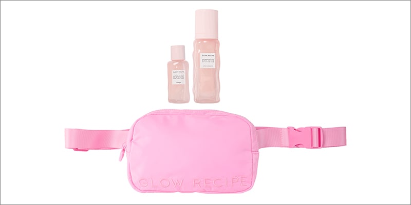 Glow Recipe Watermelon Glow PHA + BHA Pore-Tight Toner and Watermelon Glow Niacinamide Dew Drops displayed above a pink Glow Recipe belt bag on a white background.