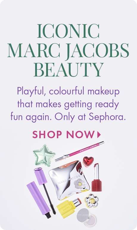 Light gray background with text reading “Iconic Marc Jacobs Beauty” and “Playful, colorful makeup that makes getting ready fun again. Only at Sephora,” plus “Shop Now.” Assorted Marc Jacobs makeup items are arranged below.