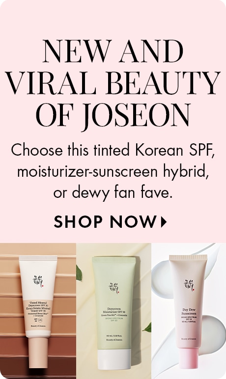 Light pink background with text reading “New and Viral Beauty of Joseon.” Below: “Choose this tinted Korean SPF, moisturizer‑sunscreen hybrid, or dewy fan fave,” plus “Shop Now.” Three Beauty of Joseon sunscreen products are shown below.