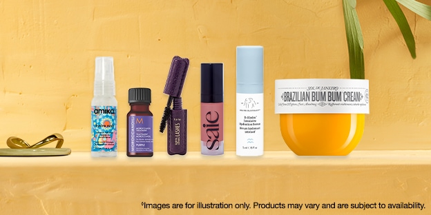 Assorted beauty products including spray, hair oil, mascara, lip color, skincare stick, and cream on a yellow background. Disclaimer: Images are for illustration only; products may vary and are subject to availability.