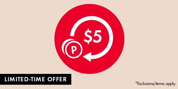 Red circular icon with “$5” and a points symbol, indicating a rewards offer. Text below reads “Limited-time offer,” with small note “Exclusions/terms apply.”