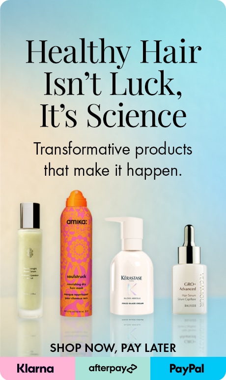 Blue‑to‑beige gradient background with text reading “Healthy Hair Isn’t Luck, It’s Science” and “Transformative products that make it happen.” Four hair products are shown above Klarna, Afterpay, and PayPal logos with “Shop Now, Pay Later.”