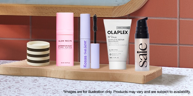 Five beauty products displayed on a wooden shelf against a pink tiled background. Visible text at the bottom reads: "Images are for illustration only. Products may vary and are subject to availability.