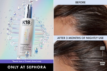 "AFTER 3 MONTHS OF NIGHTLY USE." Advertisement showing a K18 FutureIQ hair serum bottle beside before-and-after close-ups of hair. Text highlights “Less Gray,” “More Hair,” “Only at Sephora,” and notes results from a 12-week clinical study.