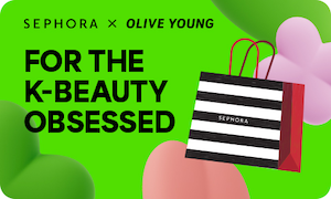 For the K-Beauty Obsessed." Bright green promotional graphic featuring Sephora × Olive Young branding, abstract pink and green shapes, and a black-and-white Sephora shopping bag with red sides.