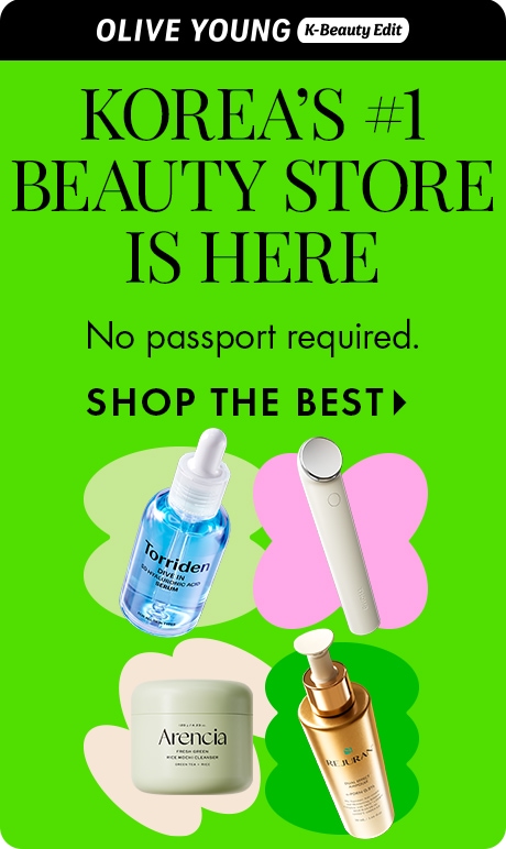 "KOREA’S #1 BEAUTY STORE IS HERE" "No passport required." "SHOP THE BEST" Image for Olive Young K-Beauty Edit on a bright green background, featuring skincare products including Torriden serum, a facial device, Arencia cleanser, and a gold serum bottle.