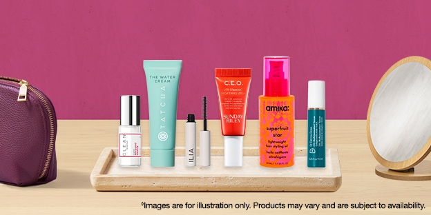 Beauty product assortment on a wooden tray against a pink background, with a cosmetic bag and tabletop mirror nearby. Images are for illustration only; products may vary and are subject to availability.