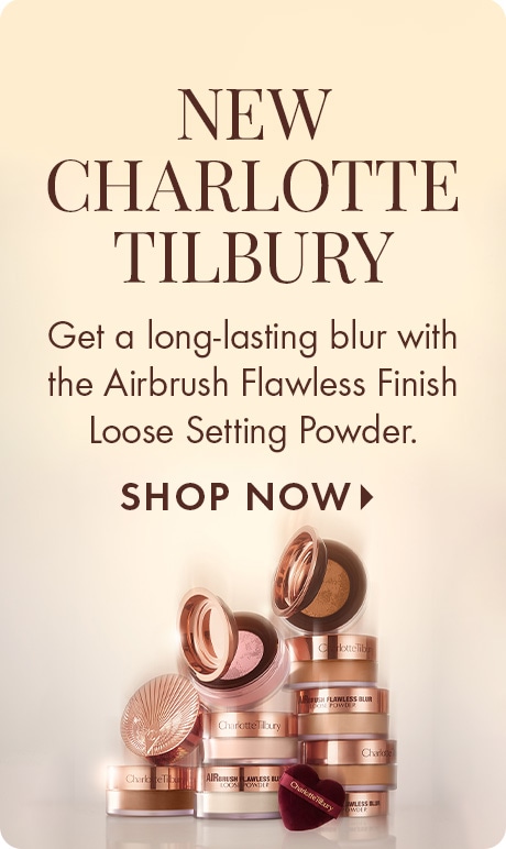 "NEW CHARLOTTE TILBURY" "Get a long-lasting blur with the Airbrush Flawless Finish Loose Setting Powder." "SHOP NOW" Beige background featuring stacked Charlotte Tilbury powder containers and compacts in rose-gold packaging at the bottom.