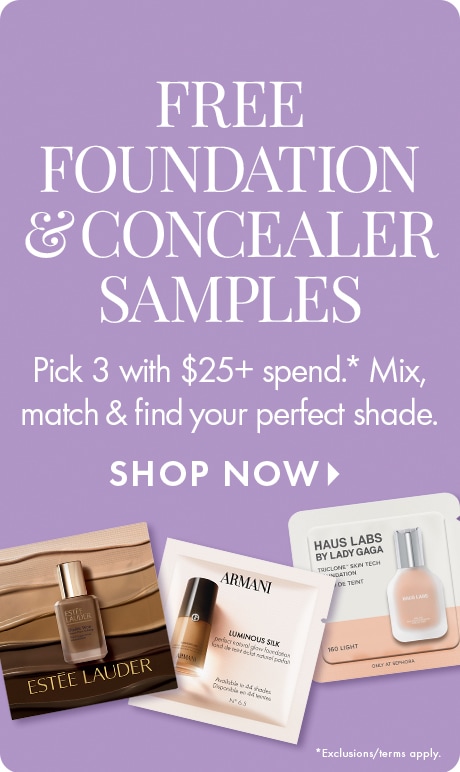Lavender background with text reading “Free Foundation and Concealer Samples.” Below: “Pick 3 with $25+ spend. Mix, match, and find your perfect shade,” plus “See Details.” Foundation and concealer sample packets and products appear at the bottom.