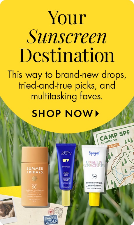 Bright yellow background with text reading “Your Sunscreen Destination” and “This way to brand‑new drops, tried‑and‑true picks, and multitasking faves,” plus “Shop Now.” SPF products appear against grass with a map graphic.