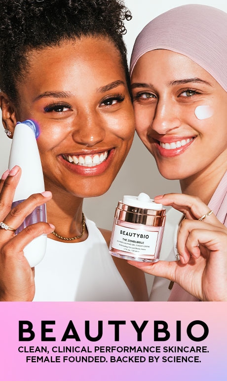 Beauty Bio. Clean, clinical performance skincare. Female Founded. Back by Science. Image of models with products.