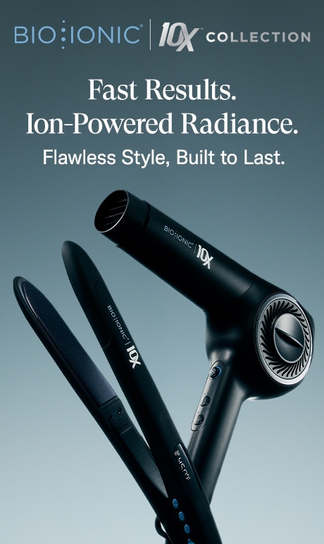 Bio Iconic. 10x collection. Fast results. Ion-Powered Radiance. Flawless style, built to last. Image of hair tools.