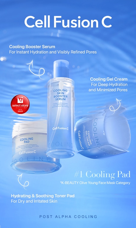Cell Fusion C.Cooling Booster Serum for instant hydration and visibly refined pores.cooling gel cream for deep hydration and minimized pores.#1 cooling pad k-beauty olive young face mask category.hydrating soothing toner pad for dry irritated skin.