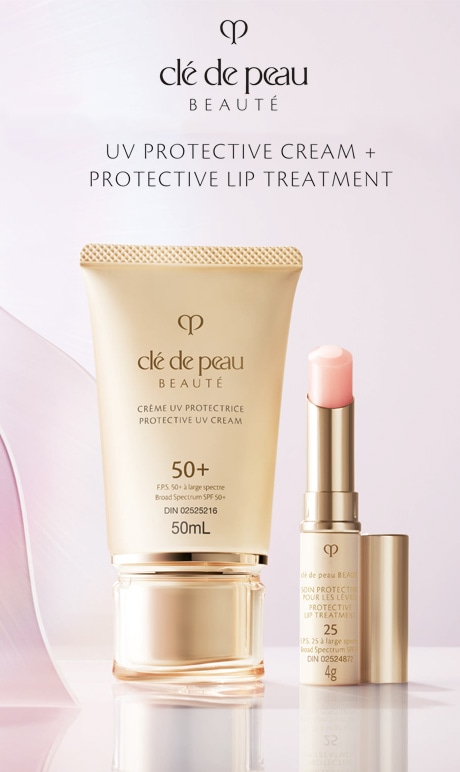 Cle De Peau beaute. UV protective cream + protective lip treatment. Image of product.