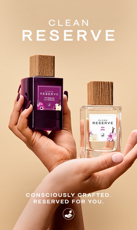 Clean reserve. consciously crafted. reserved for you. image of hand holding 2 bottles. 