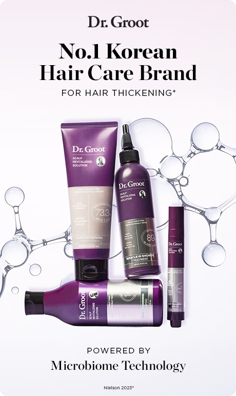 Dr. Groot. No.1 korean haircare brand for hair thickening* powered by microbiome technology. *nielson 2023. image of products.