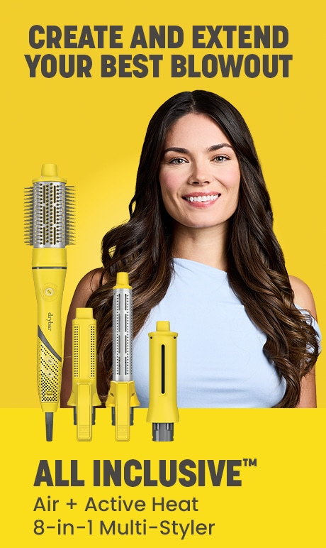 Create and extend your best blowout. Drybar. All inclusive. Air + active heat. 8-in-1 multi styler. Image of model.