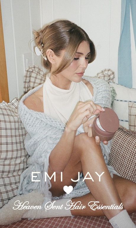 Emi Jay. Heaven sent hair essentials. Image of model with products.