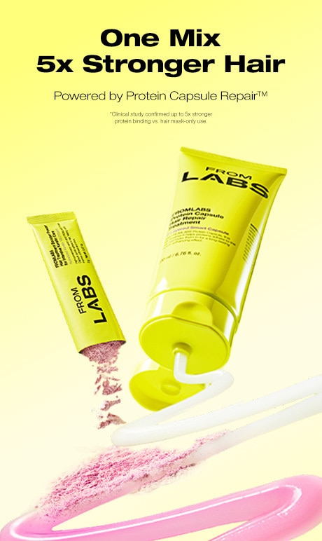 One Mix 5 times stronger hair. powered by protein capsule repair. *clinical study confirmed up to 5x stronger protein binding vs. hair mask-only use. Image of products.