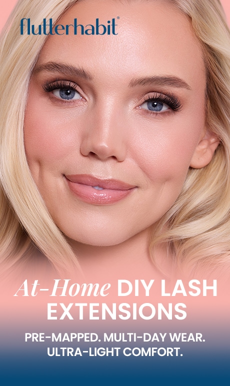 FlutterHabit. At-home DIY lash. extensions. pre-mapped. multi-day wear. ultra-light comfort. image of model.