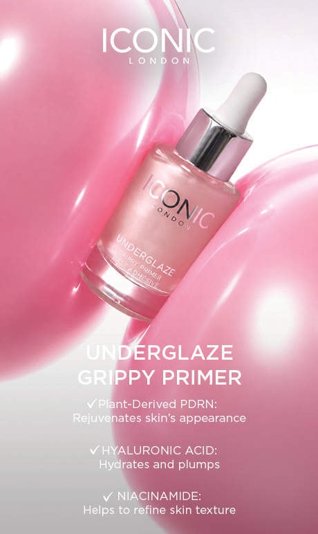 iconic london. underglaze groppy primer. plant-derived PDRN: rejuventates skin's appearance. hyaluronic acid: hydrates and plumps. Niacinamide: hleps to refine skin texture. Image of product.