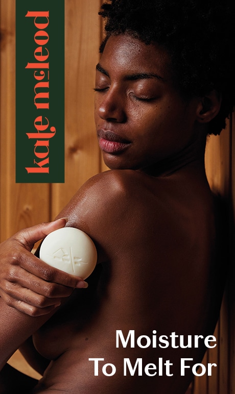 Kate Mcleod. Moisture to Melt for. Image of model holding product.