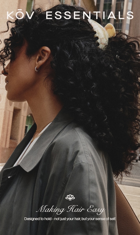Kov Essentials. Making hair easy. designed to hold -not just your hair, but your sense of self. image of model with product.