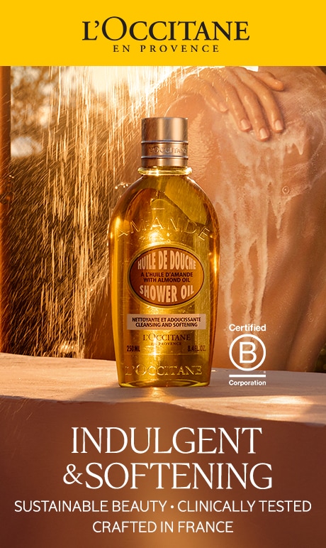 L'Occitane en provence. Indulgent & Softening. Sustainable Beauty. Clinically Tested. Crafted in France. Certified B Corp. Image of product.