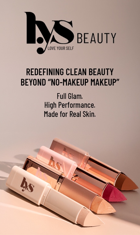 lys beauty. love yourself. redefining clean beauty. beyond "no makeup makeup" full glam. high performance. made for real skins. image of products.