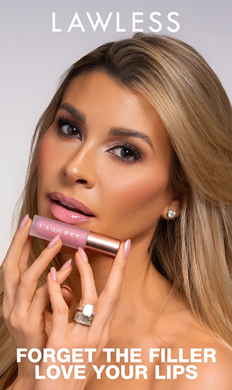 Lawless. Forget the fillers love your lips. Founder holding product.