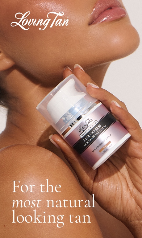Loving Tan. for the most natural looking tan. image of model holding the product.