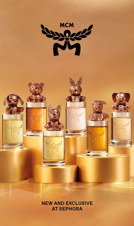 MCM. New and Exclusive at Sephora. Image of fragrance bottles.