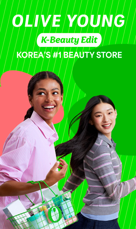 Olive Young K-Beauty Edit. Korea's #1 Beauty Store. Image of 2 models holding products.