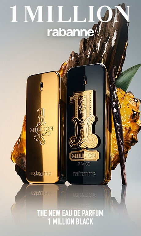 1 Million. Rabanne. The new eau de parfum 1 million black. image of fragrance bottle.