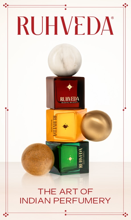 RUHVEDA. The art of indian perfumery - image of fragrance bottles. 