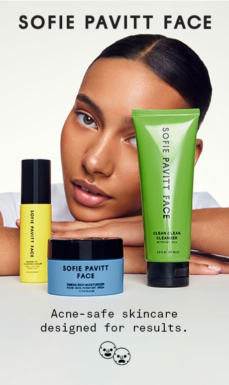 Sofie Pavitt Face. Acne safe skincare designed for results. image of model and products.