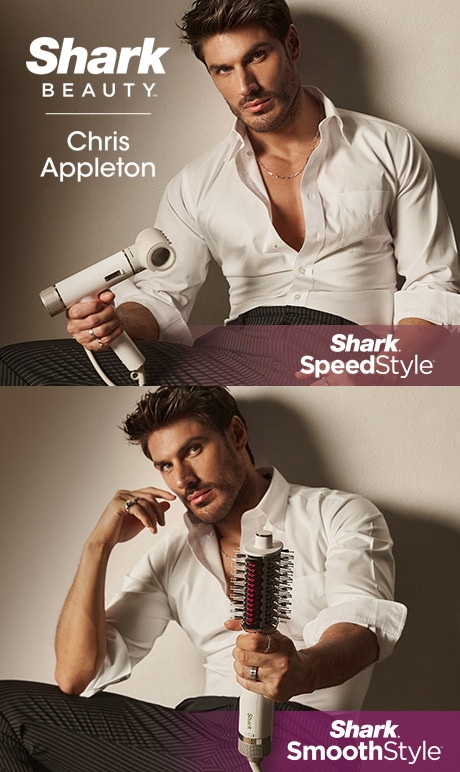 Shark Beauty. Chris Appleton. Shark Speed Style. Shark smooth Style. Image of chris appleton with products.