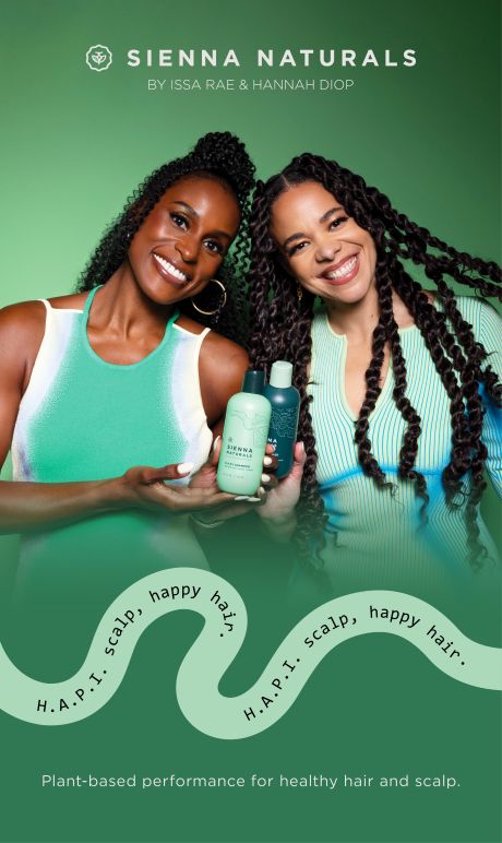 Sienna Naturals hair care products displayed against a green background with the tagline “H.A.P.I. scalp, happy hair” and “Plant-based performance for healthy hair and scalp.”