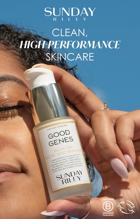 Sunday Riley. Clean, high-perforance skincare. Image of model with product bottle. B corporation certified.
