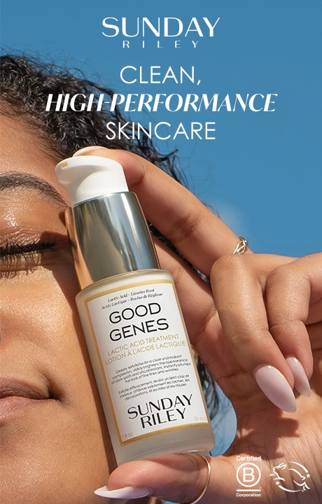 Sunday Riley. Clean, high-performance skincare. B corporation certified. Image of model holding product.